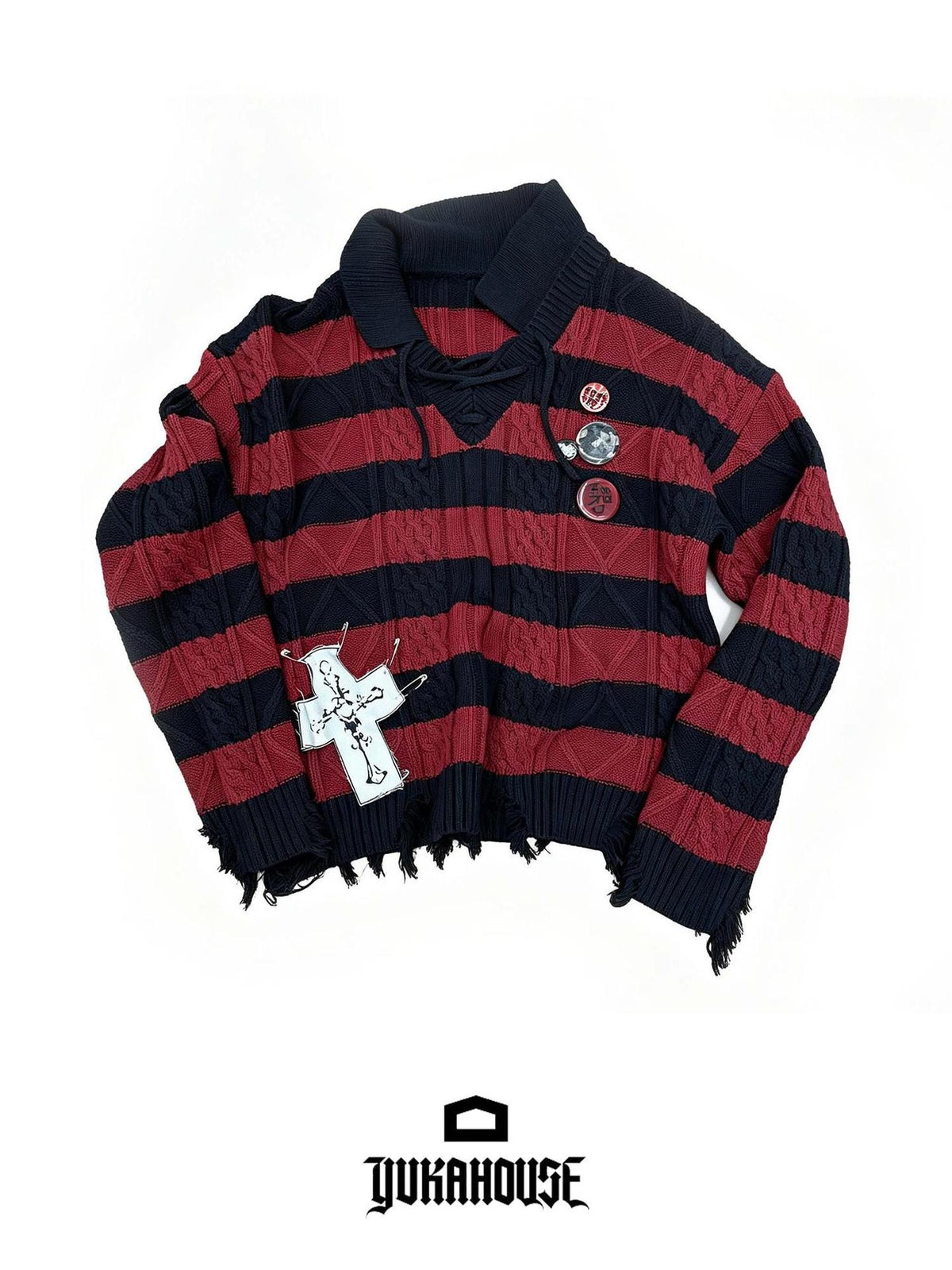 YUKAHOUSE Distressed Striped Drawstring V-neck Knit Women's Cotton Sweaters