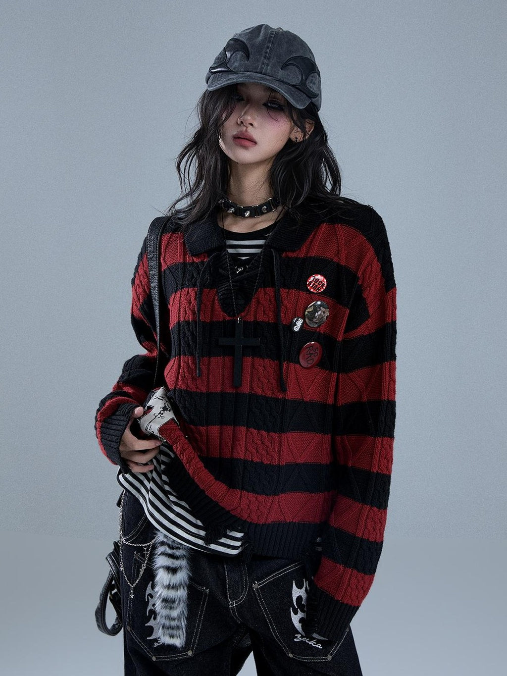 YUKAHOUSE Distressed Striped Drawstring V-neck Knit Women's Cotton Sweaters