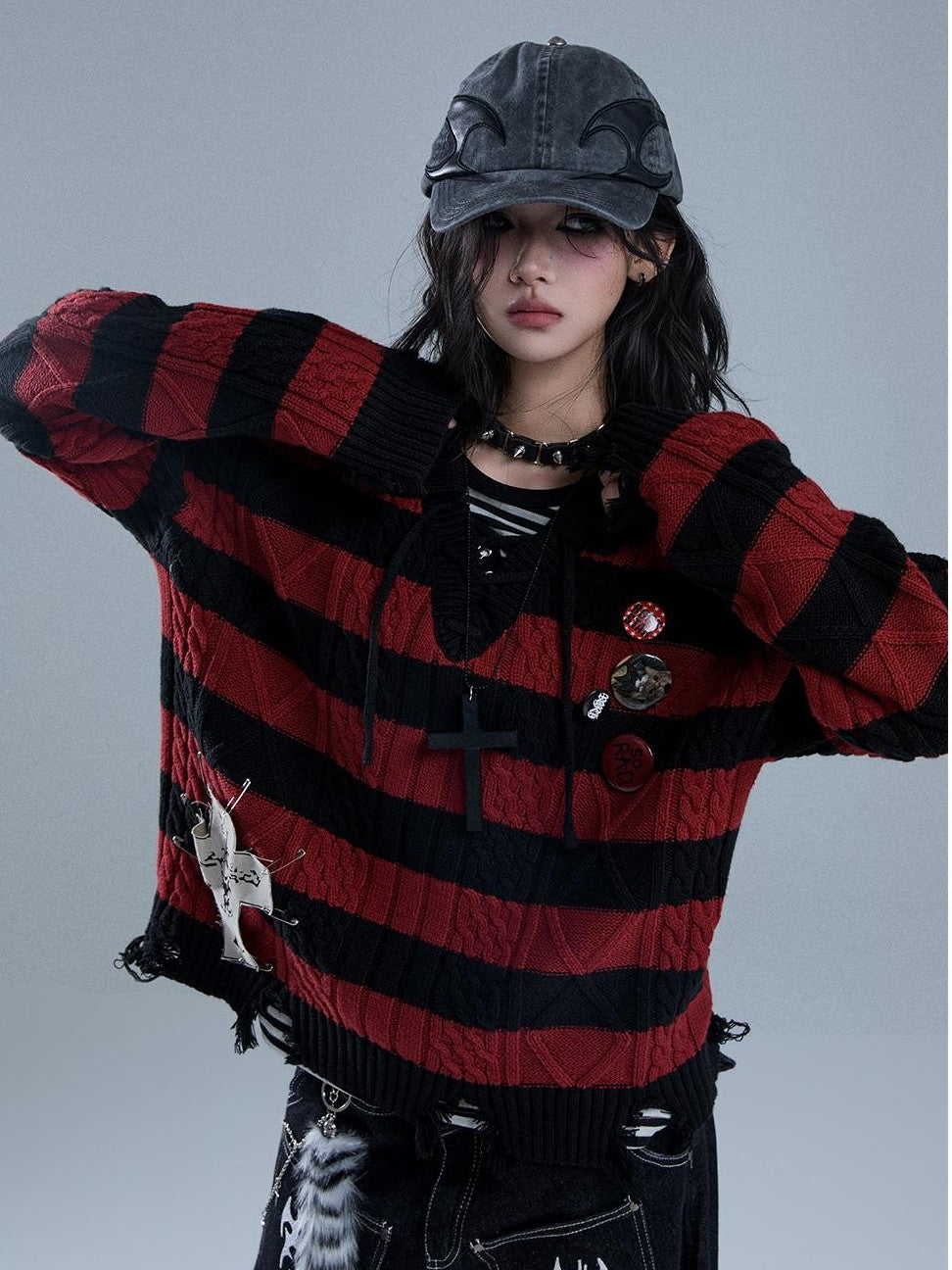 YUKAHOUSE Distressed Striped Drawstring V-neck Knit Women's Cotton Sweaters