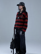YUKAHOUSE Distressed Striped Drawstring V-neck Knit Women's Cotton Sweaters