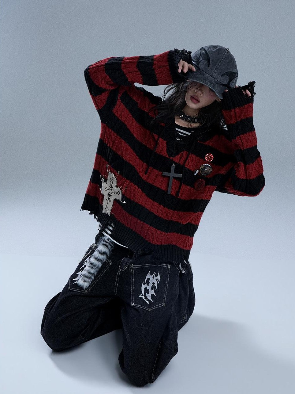 YUKAHOUSE Distressed Striped Drawstring V-neck Knit Women's Cotton Sweaters