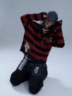 YUKAHOUSE Distressed Striped Drawstring V-neck Knit Women's Cotton Sweaters