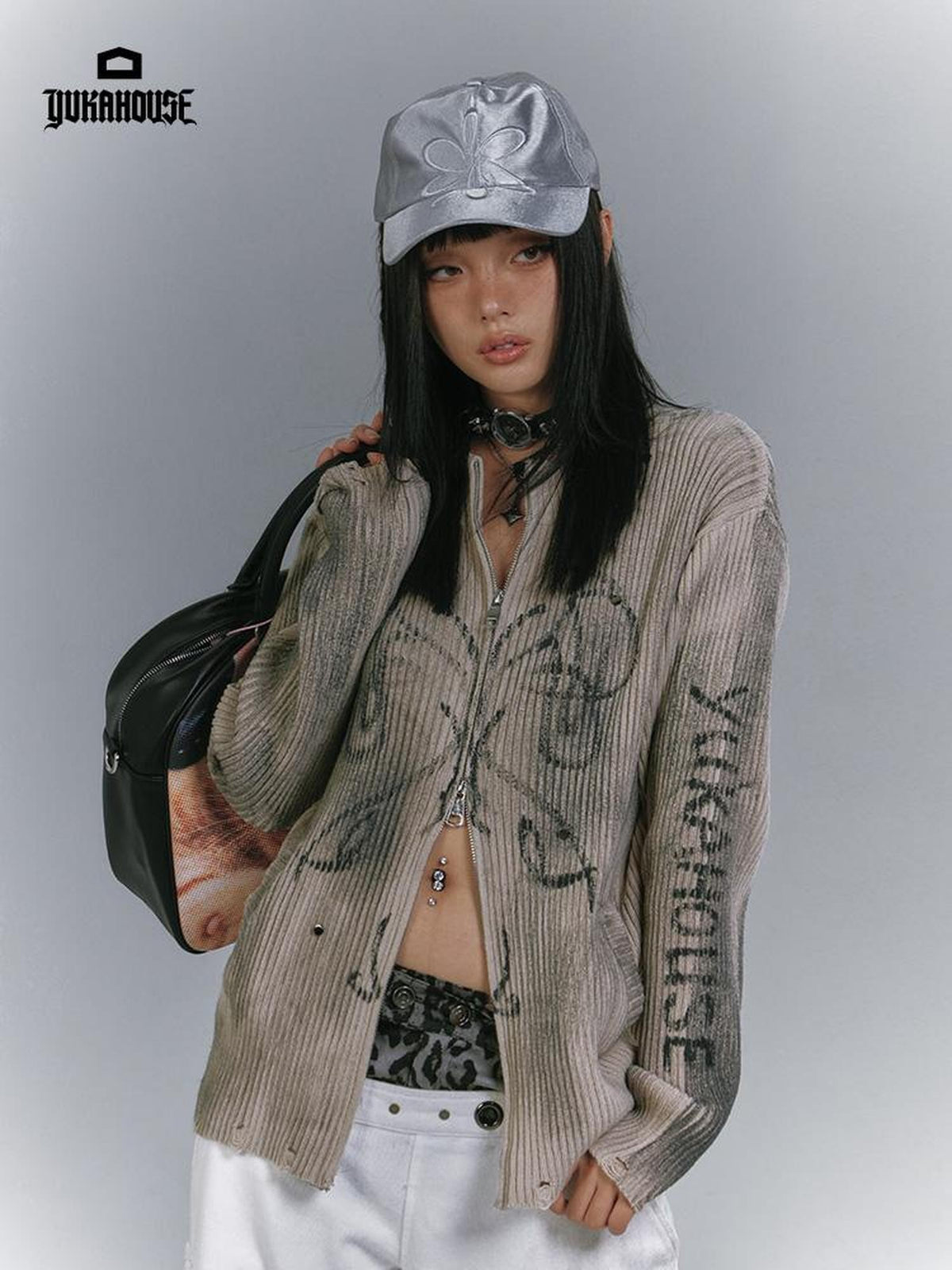 YUKAHOUSE Distressed Washed Zip Up Loose Knit Women's Cardigans