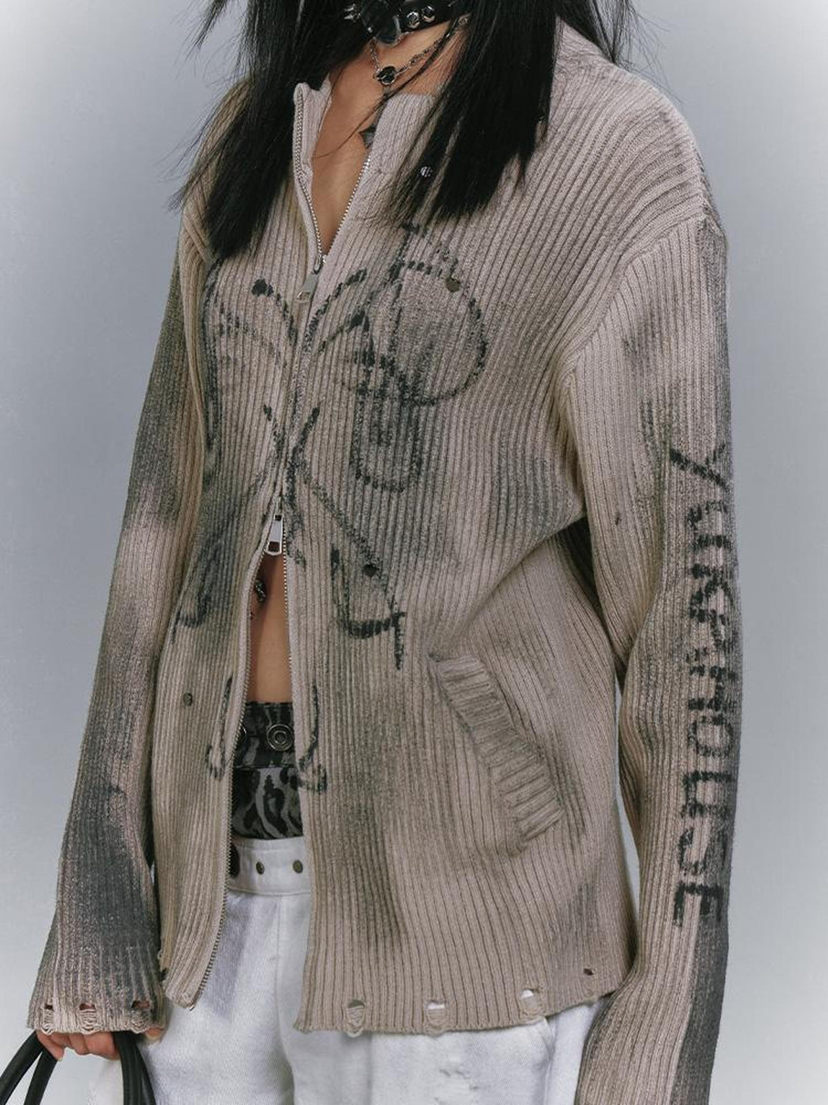 YUKAHOUSE Distressed Washed Zip Up Loose Knit Women's Cardigans