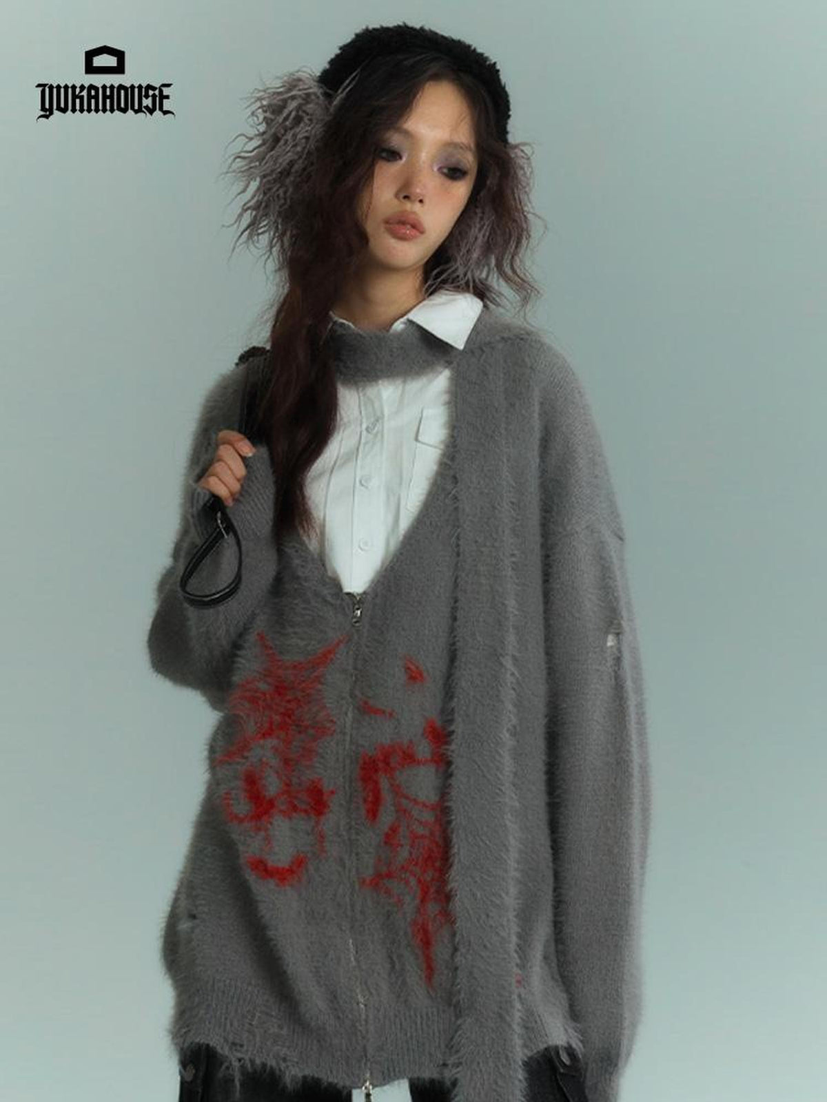 YUKAHOUSE Distressed Zip Up V-neck Knit Women's Cardigans
