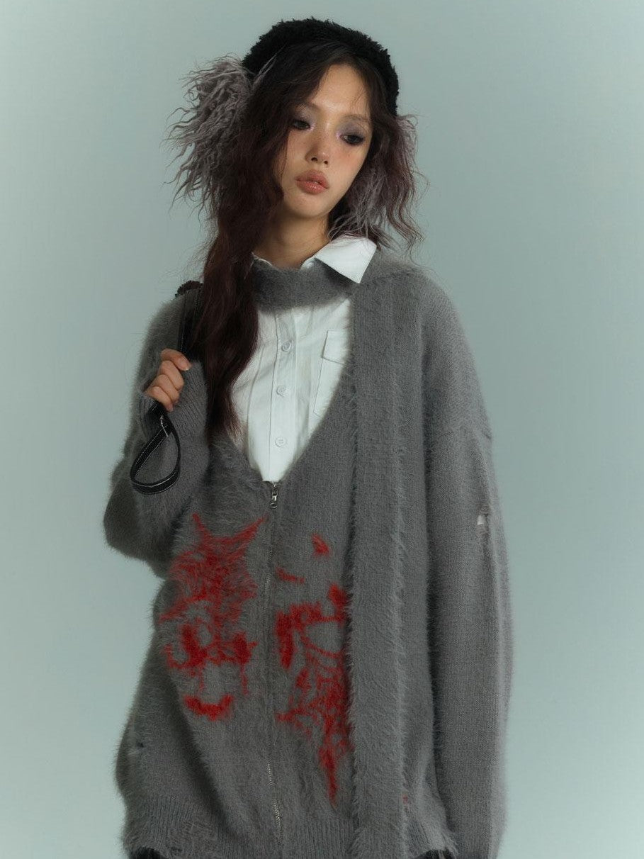 YUKAHOUSE Distressed Zip Up V-neck Knit Women's Cardigans