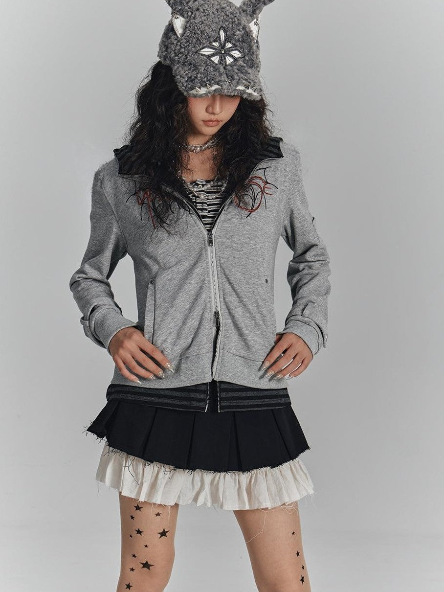 YUKAHOUSE Embroidered Striped Zip Up Hooded Women's Cotton Hoodies