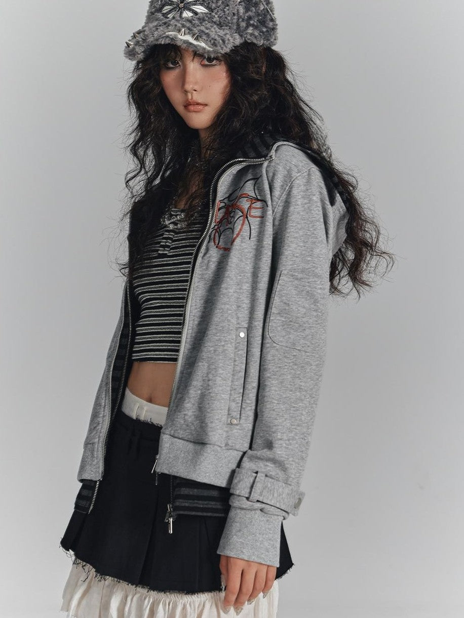 YUKAHOUSE Embroidered Striped Zip Up Hooded Women's Cotton Hoodies