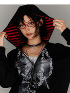 YUKAHOUSE Fake Two Piece Zip Striped Print Loose Fit Women's Cotton Hoodies