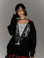 YUKAHOUSE Fake Two Piece Zip Striped Print Loose Fit Women's Cotton Hoodies
