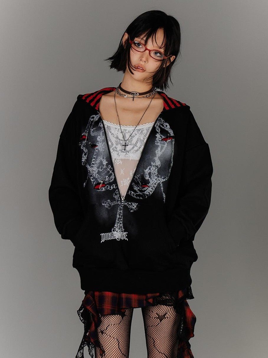 YUKAHOUSE Fake Two Piece Zip Striped Print Loose Fit Women's Cotton Hoodies