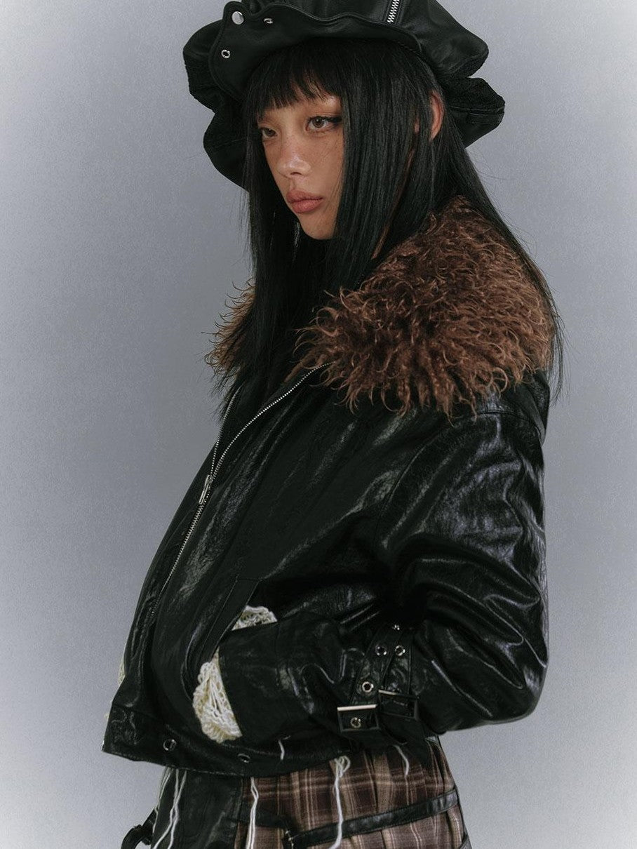 YUKAHOUSE Glossy Black Detachable Fur Collar Padded Women's Faux Leather Cropped Jackets