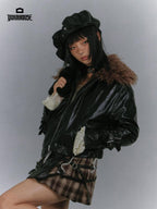 YUKAHOUSE Glossy Black Detachable Fur Collar Padded Women's Faux Leather Cropped Jackets