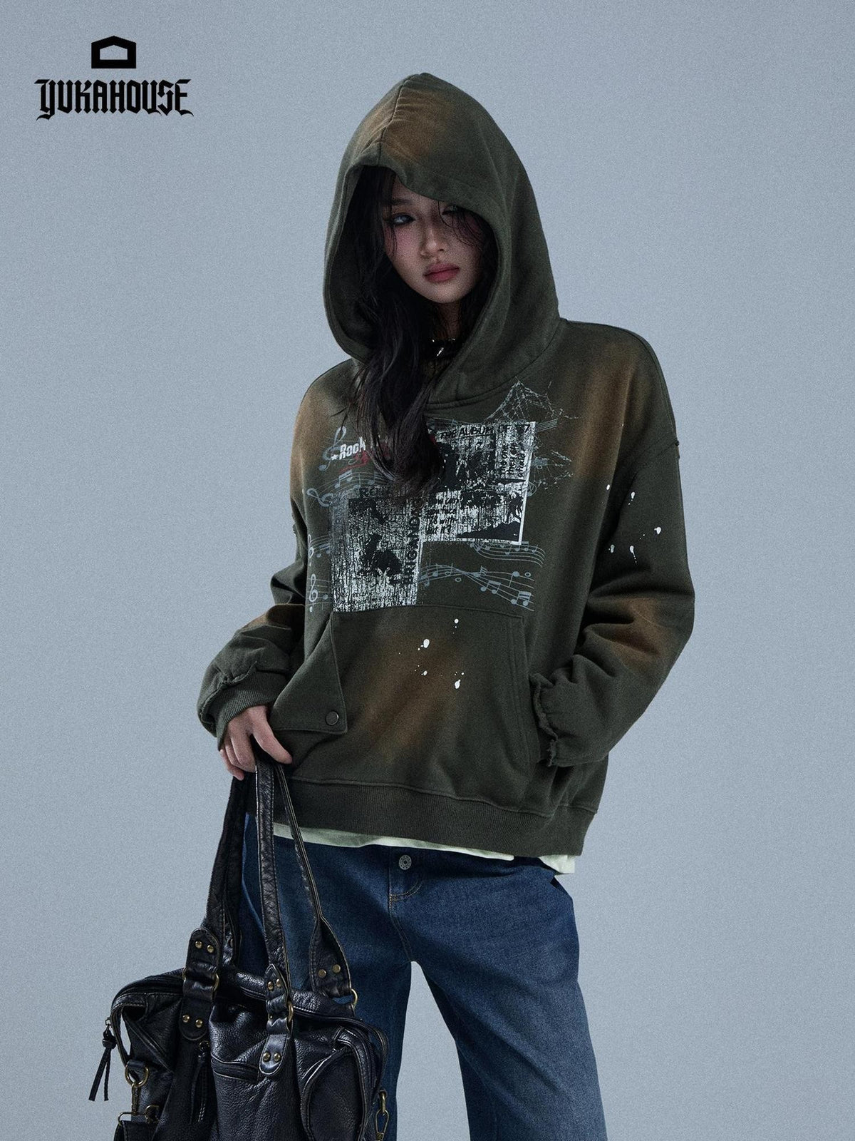 YUKAHOUSE Gradient Print Studded Loose Fit Women's Cotton Hoodies