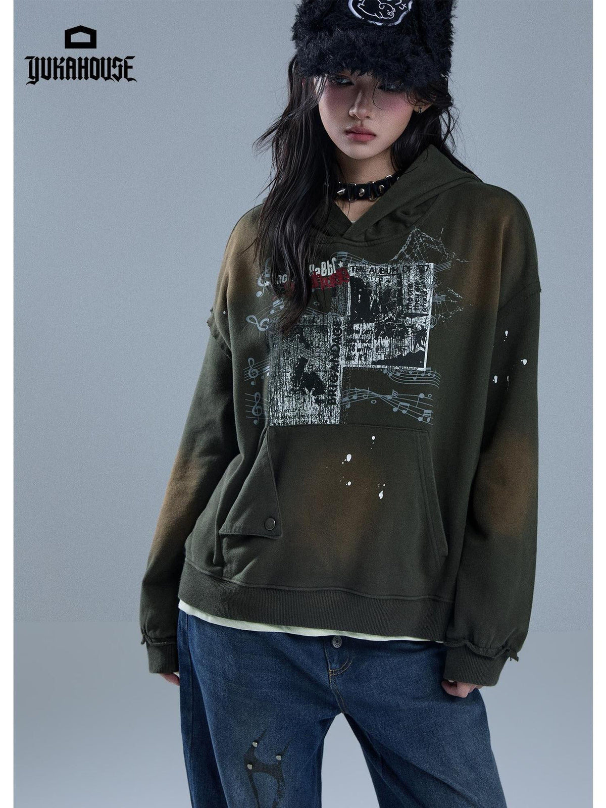 YUKAHOUSE Gradient Print Studded Loose Fit Women's Cotton Hoodies