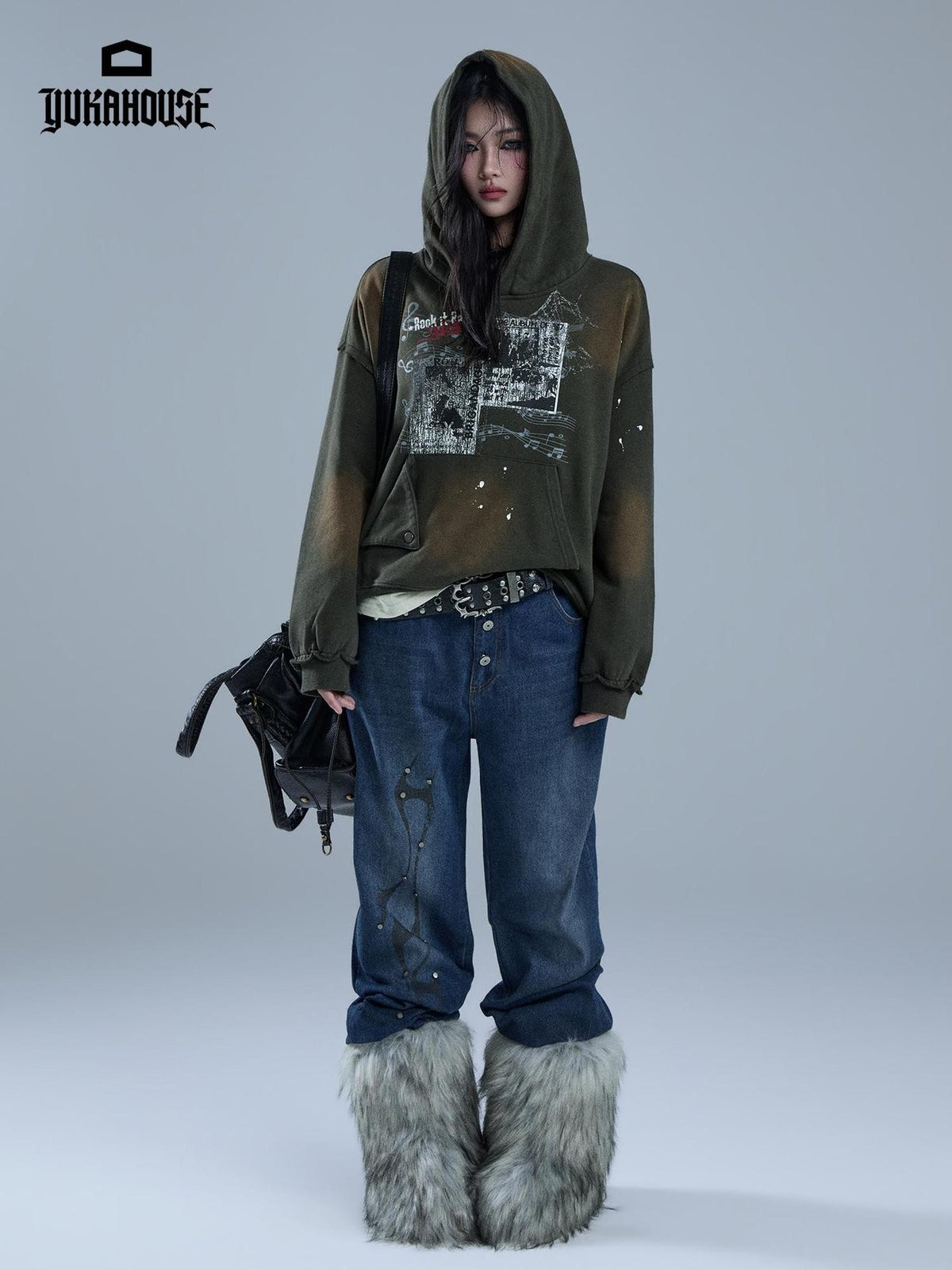 YUKAHOUSE Gradient Print Studded Loose Fit Women's Cotton Hoodies