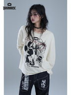 YUKAHOUSE Graffiti Skull Print Loose Fit 100% Cotton Women's Long Sleeve T-shirts