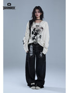 YUKAHOUSE Graffiti Skull Print Loose Fit 100% Cotton Women's Long Sleeve T-shirts