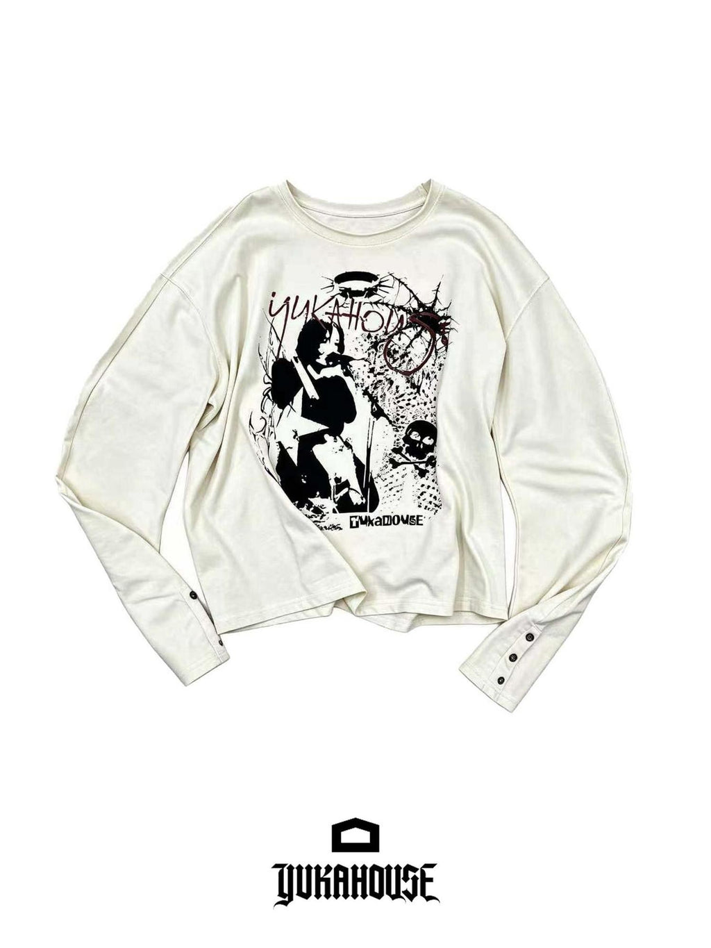 YUKAHOUSE Graffiti Skull Print Loose Fit 100% Cotton Women's Long Sleeve T-shirts