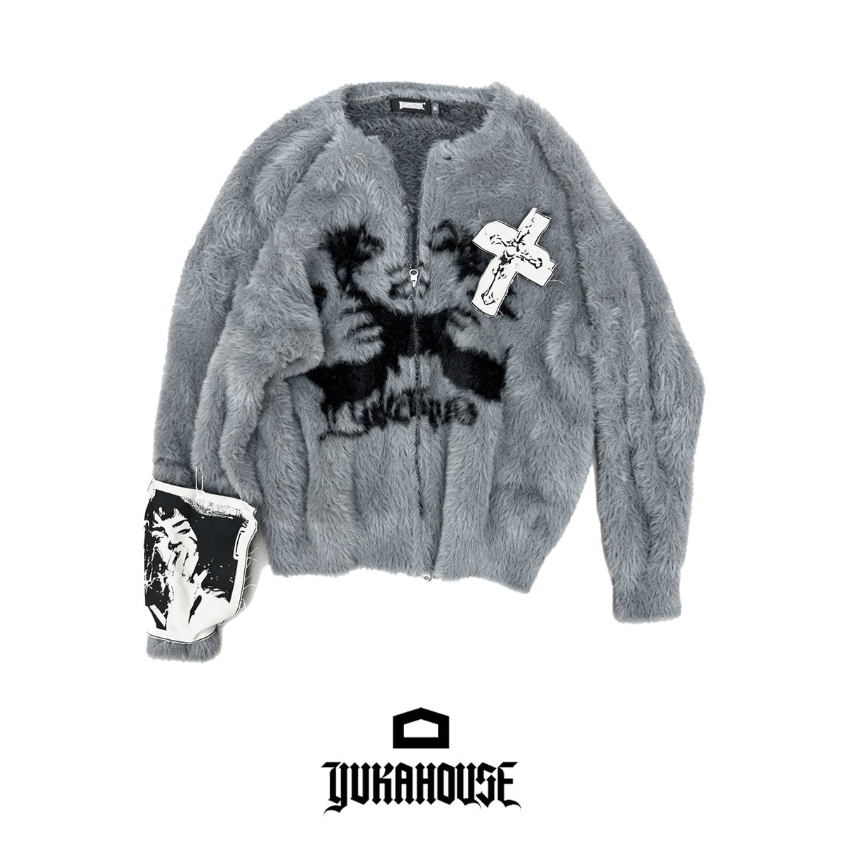 YUKAHOUSE_Gray_Zip_Up_Patch_Print_Women's_Knit_Cardigans_1080748408936_MISSTT