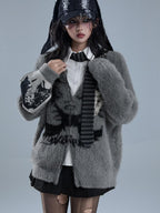 YUKAHOUSE Gray Zip Up Patch Print Women's Knit Cardigans