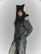 YUKAHOUSE Printed Asymmetric Neck Loose Fit Cotton Women's Long Sleeve T-shirts