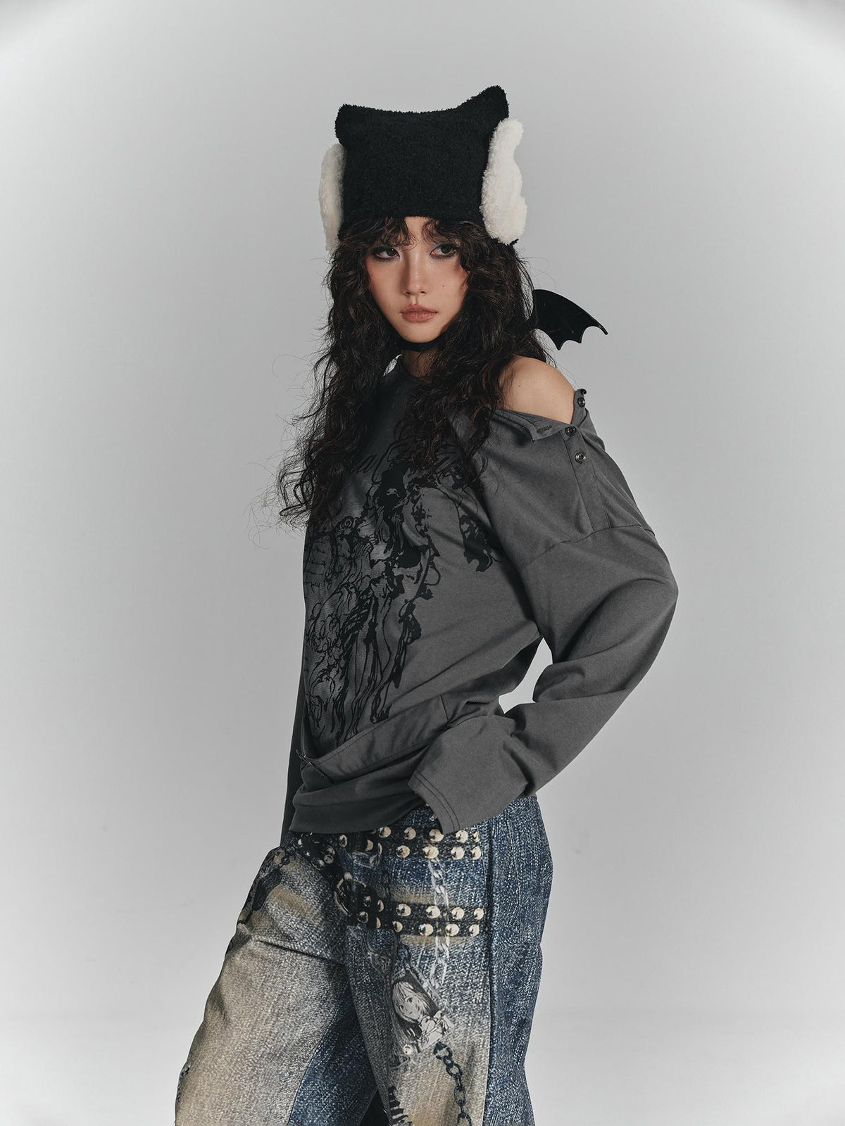 YUKAHOUSE Printed Asymmetric Neck Loose Fit Cotton Women's Long Sleeve T-shirts