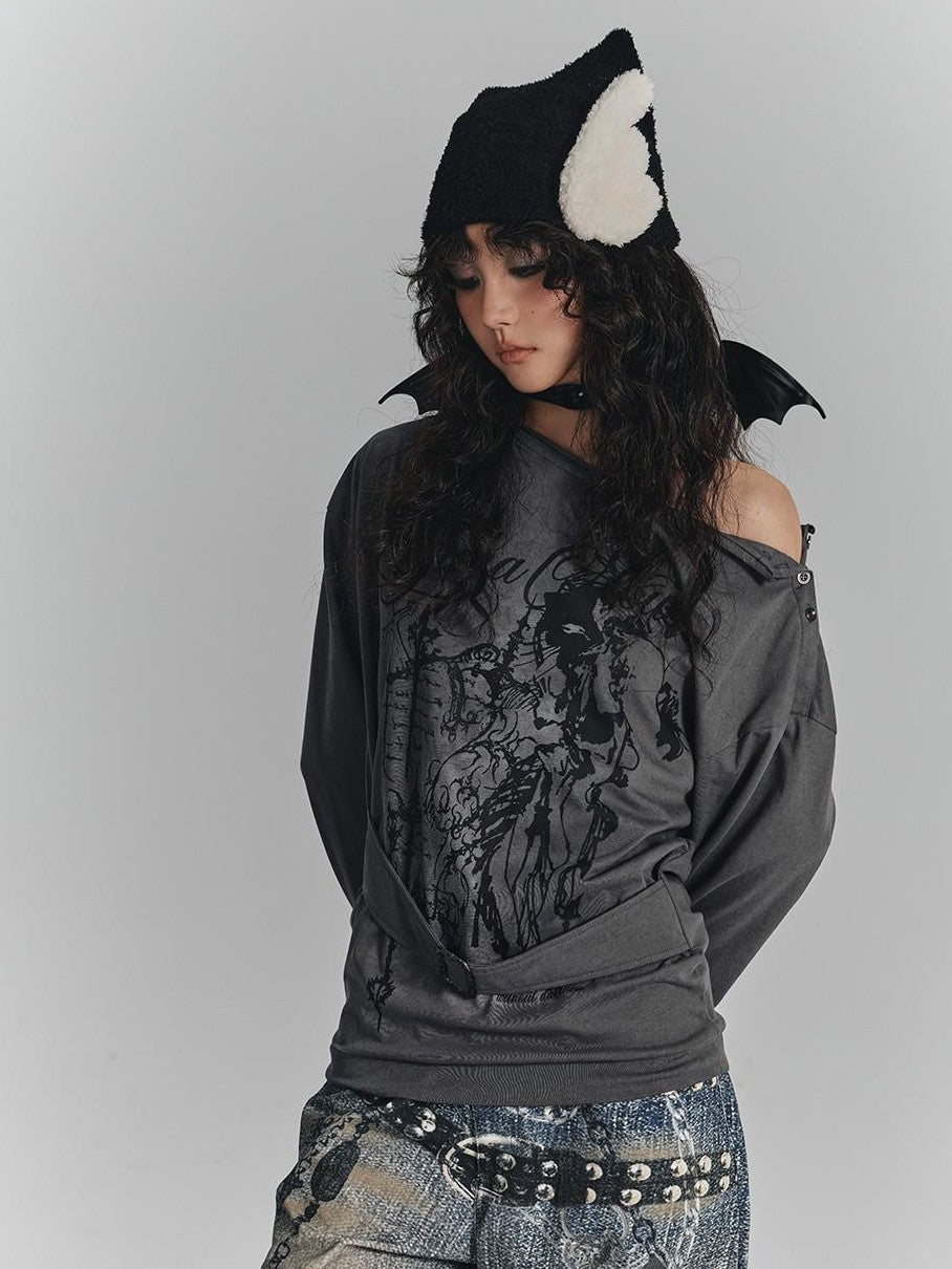 YUKAHOUSE Printed Asymmetric Neck Loose Fit Cotton Women's Long Sleeve T-shirts