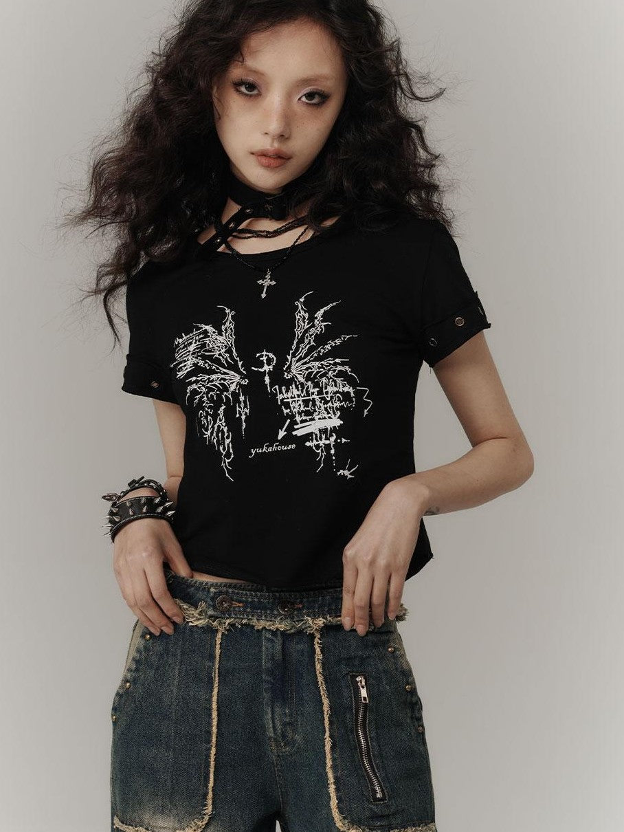 YUKAHOUSE Punk Black Wing Print Slim Fit Short Sleeve Round Neck Women's Cotton Crop Tops