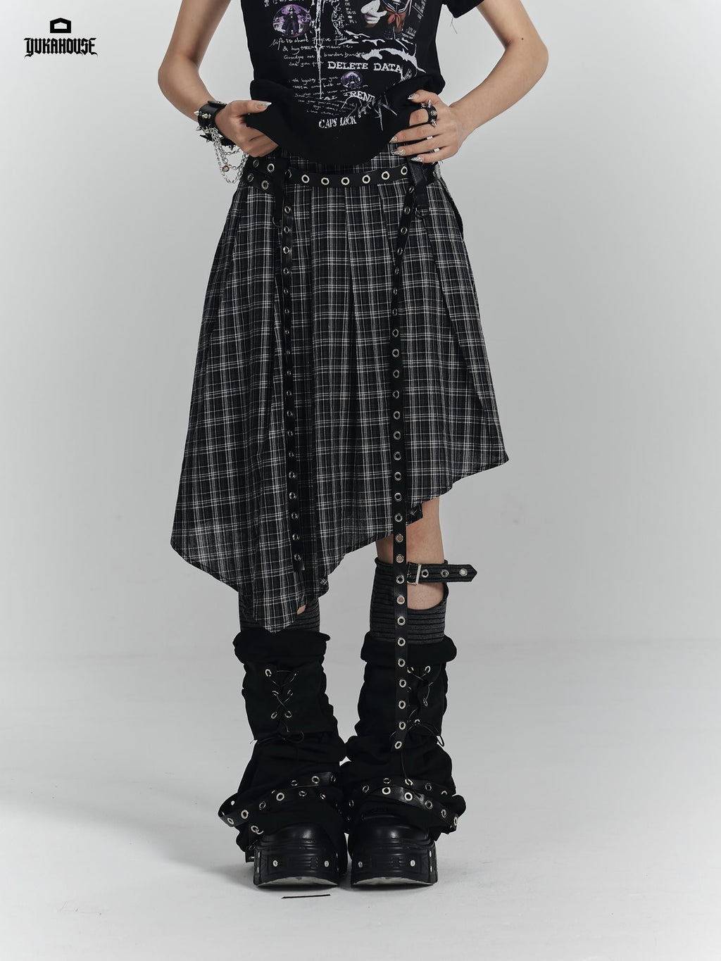 YUKAHOUSE Punk Plaid Asymmetrical High Waist A Line Cotton Women's Midi Skirts