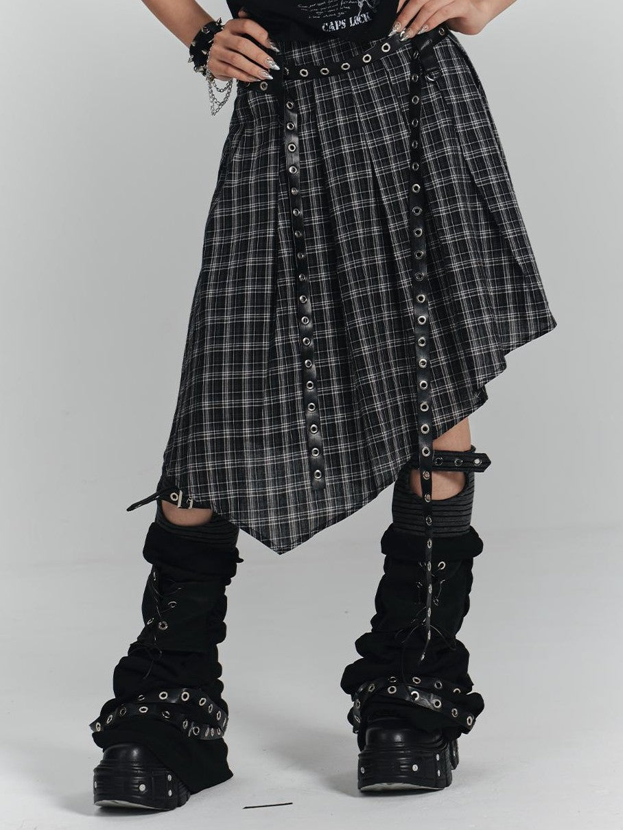 YUKAHOUSE Punk Plaid Asymmetrical High Waist A Line Cotton Women's Midi Skirts