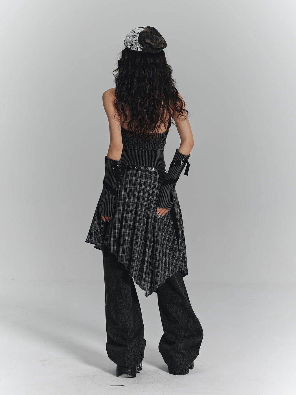 YUKAHOUSE Punk Plaid Asymmetrical High Waist A Line Cotton Women's Midi Skirts