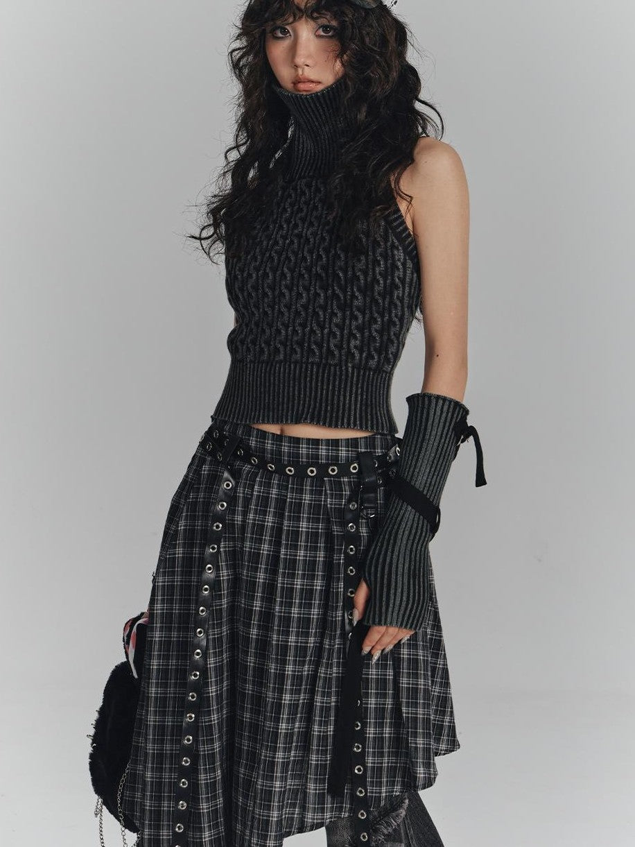 YUKAHOUSE Punk Plaid Asymmetrical High Waist A Line Cotton Women's Midi Skirts
