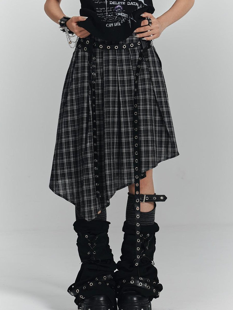 YUKAHOUSE Punk Plaid Asymmetrical High Waist A Line Cotton Women's Midi Skirts