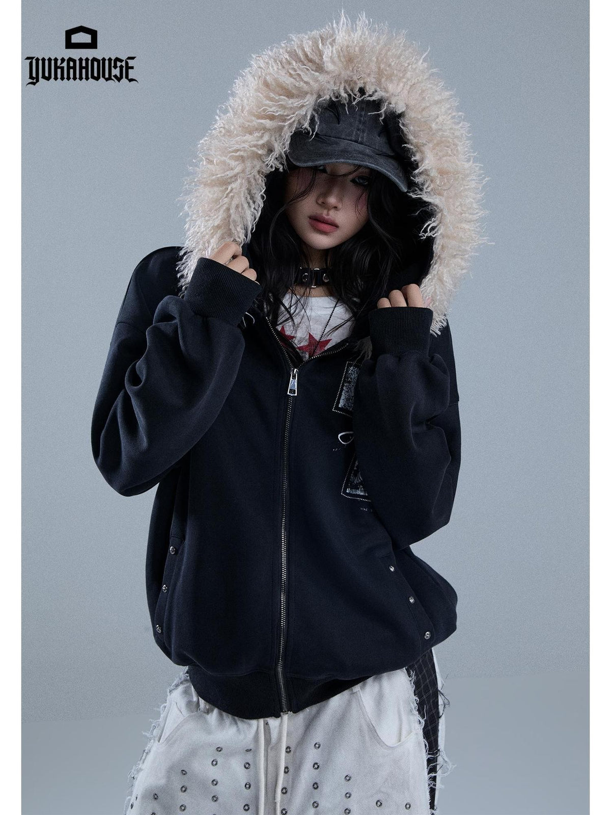 YUKAHOUSE Punk Print Faux Fur Hooded Women's Cotton Blend Casual Jackets