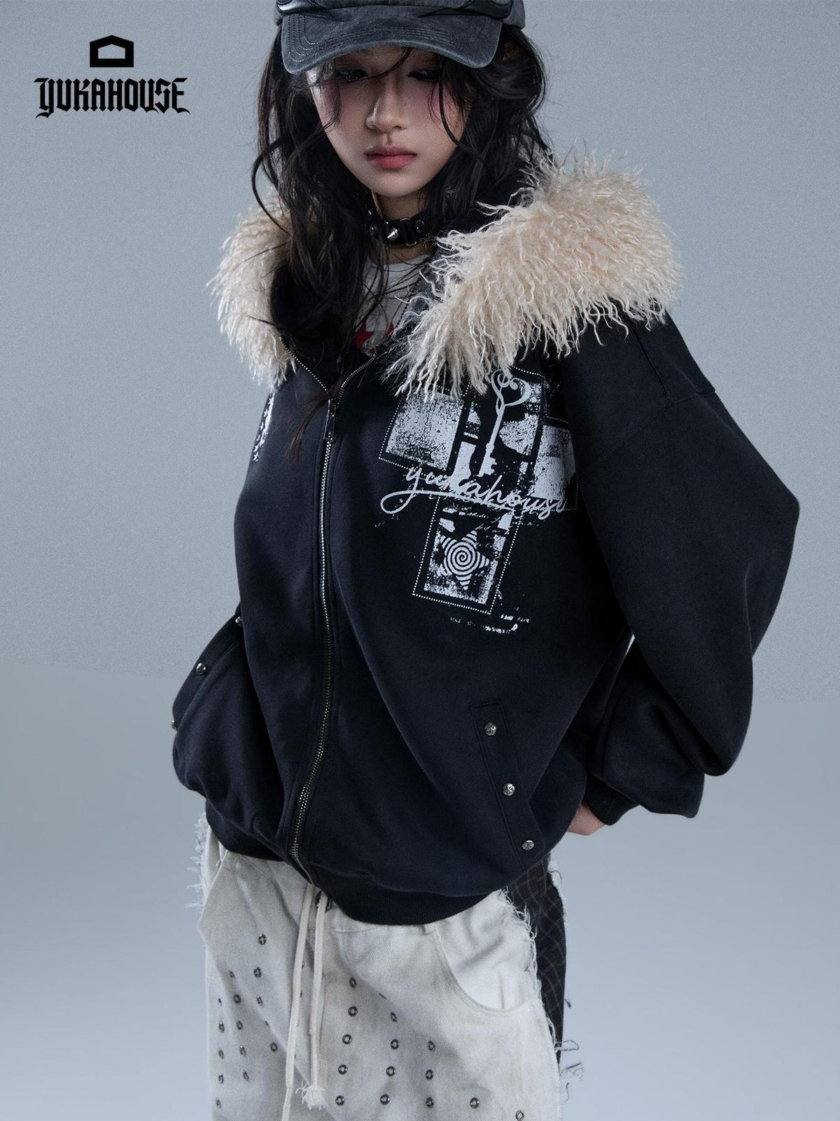 YUKAHOUSE Punk Print Faux Fur Hooded Women's Cotton Blend Casual Jackets