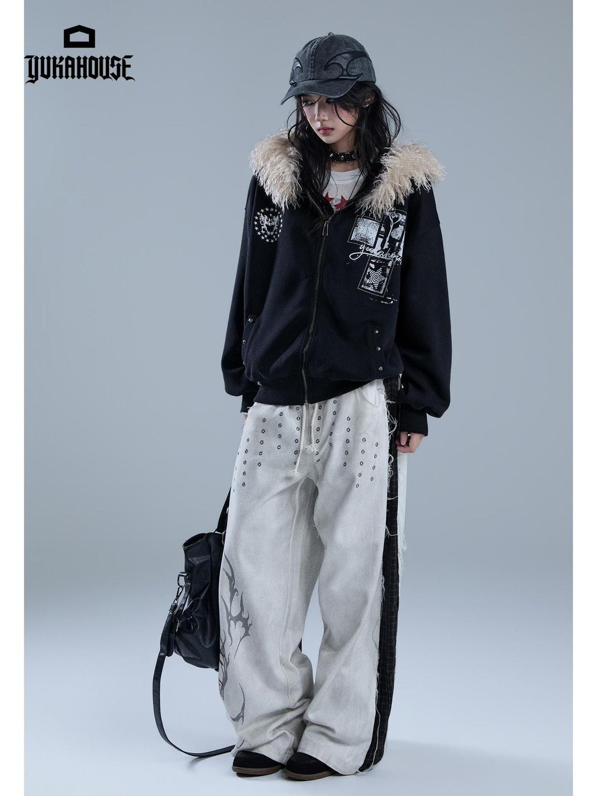 YUKAHOUSE Punk Print Faux Fur Hooded Women's Cotton Blend Casual Jackets
