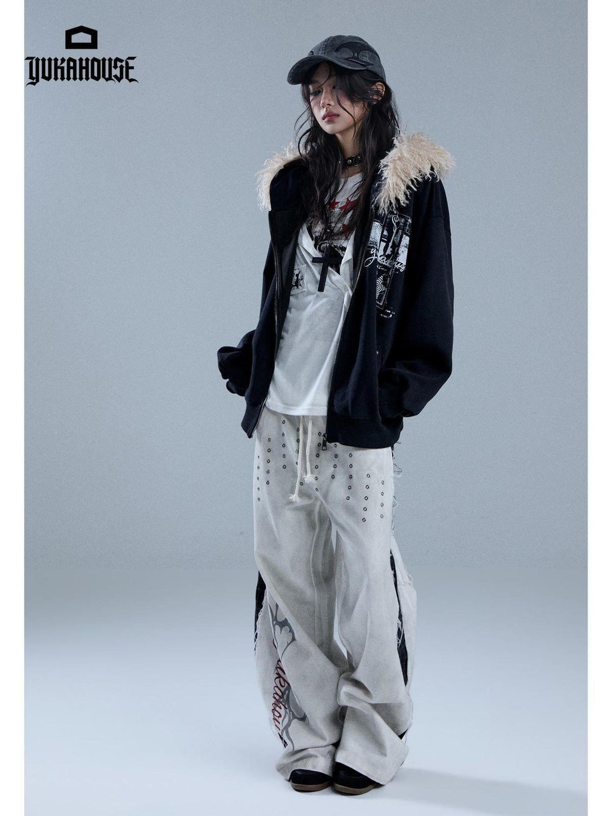 YUKAHOUSE Punk Print Faux Fur Hooded Women's Cotton Blend Casual Jackets