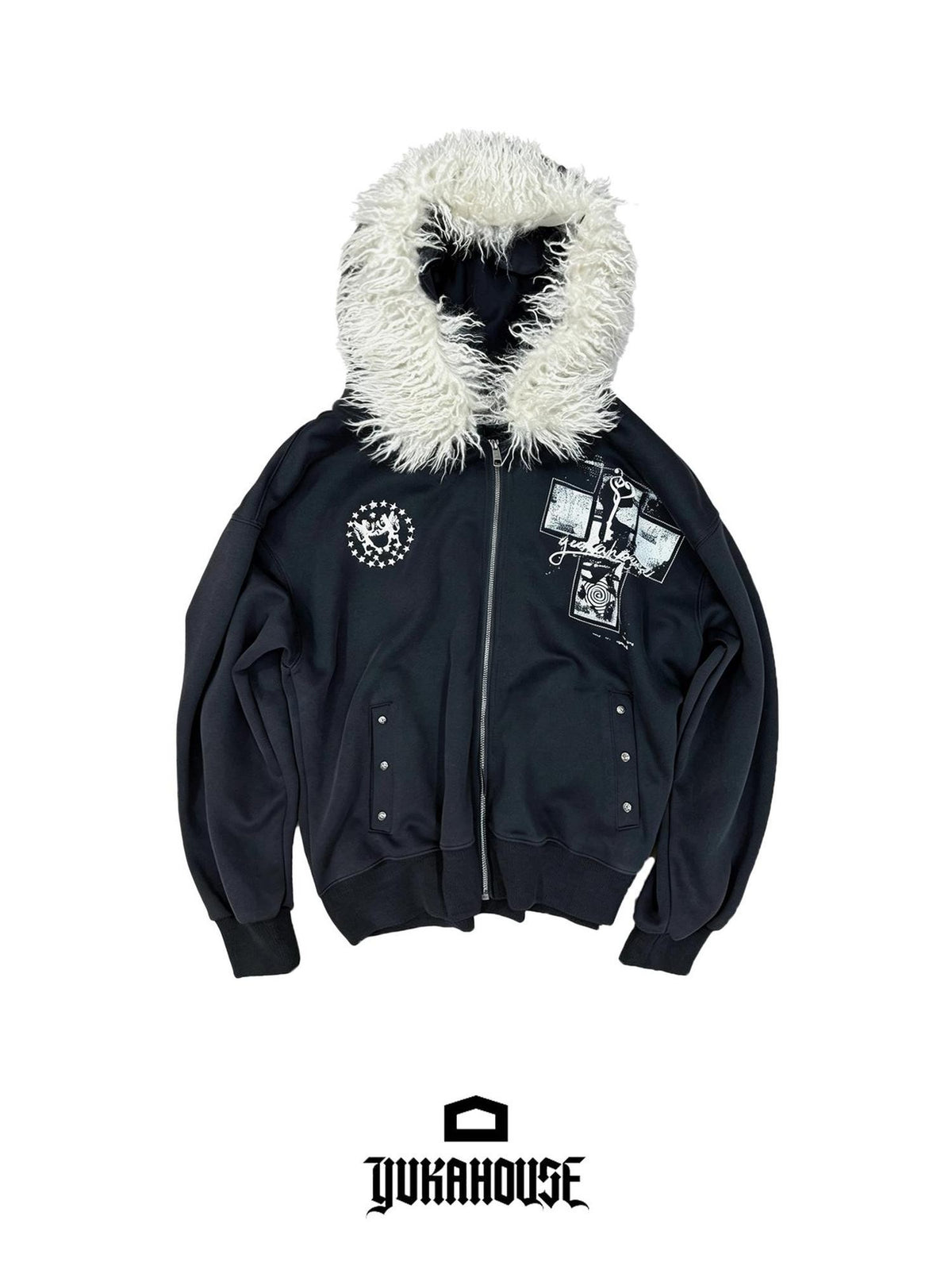 YUKAHOUSE Punk Print Faux Fur Hooded Women's Cotton Blend Casual Jackets