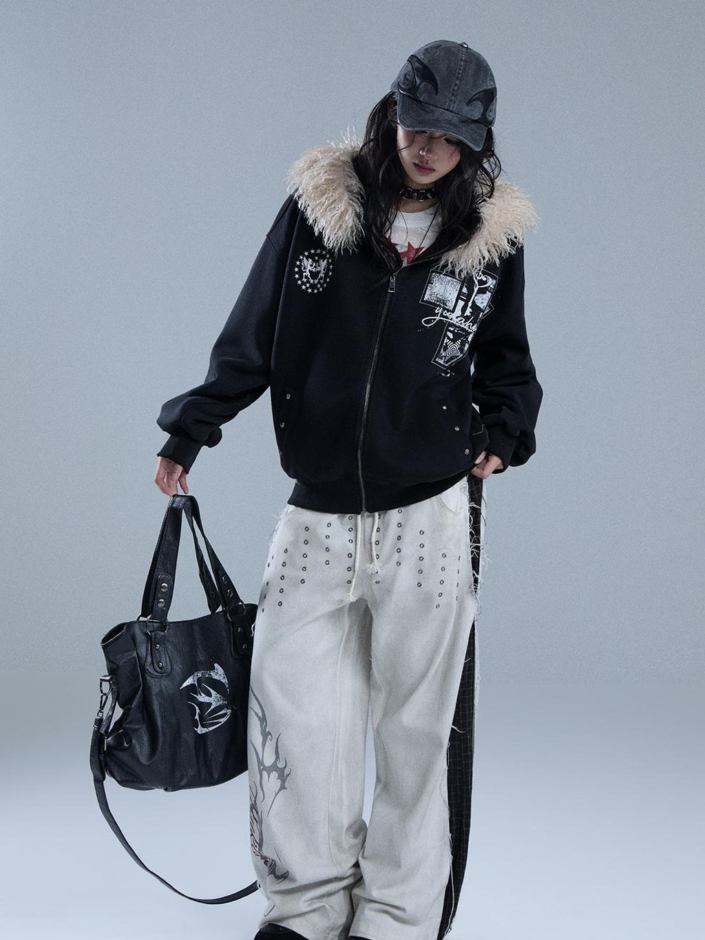 YUKAHOUSE Punk Print Faux Fur Hooded Women's Cotton Blend Casual Jackets