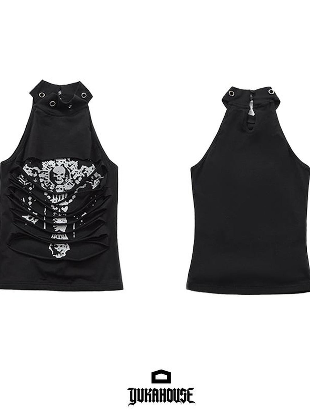 YUKAHOUSE Punk Skull Print Cutout Layered Halter Neck Slim Fit Cotton Women's Tank Tops