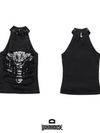 YUKAHOUSE Punk Skull Print Cutout Layered Halter Neck Slim Fit Cotton Women's Tank Tops