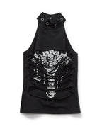 YUKAHOUSE Punk Skull Print Cutout Layered Halter Neck Slim Fit Cotton Women's Tank Tops