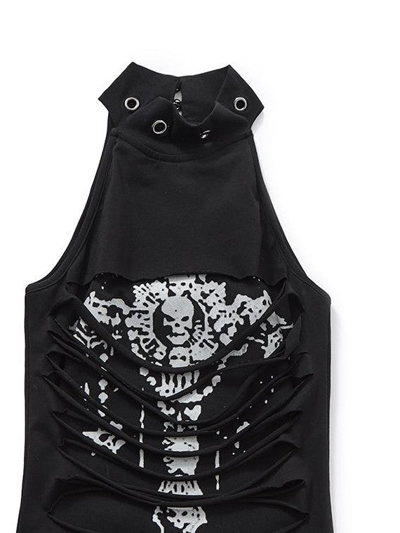 YUKAHOUSE Punk Skull Print Cutout Layered Halter Neck Slim Fit Cotton Women's Tank Tops