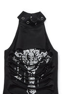 YUKAHOUSE Punk Skull Print Cutout Layered Halter Neck Slim Fit Cotton Women's Tank Tops