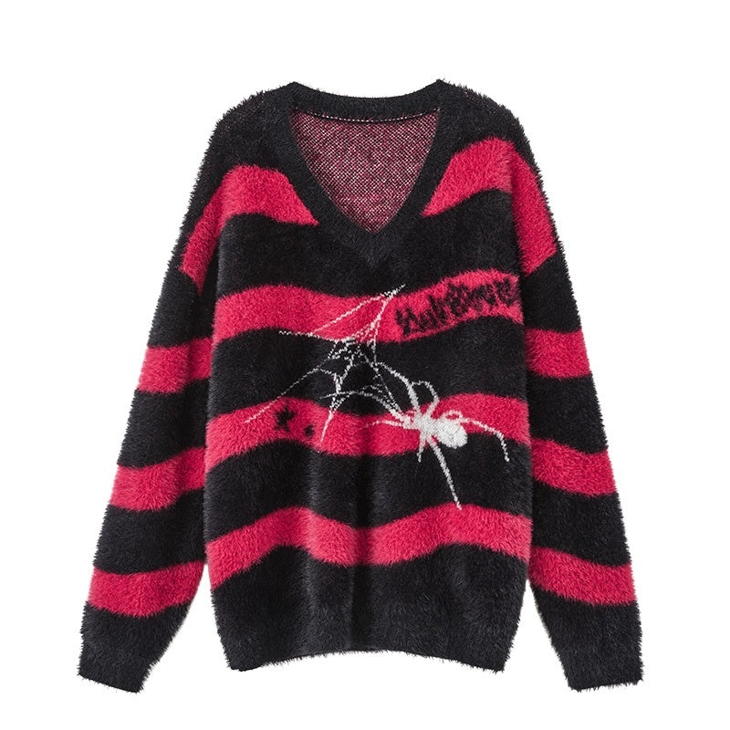YUKAHOUSE_Punk_Spider_Print_Striped_V-neck_Women's_Mohair_Sweaters_835769755396_MISSTT