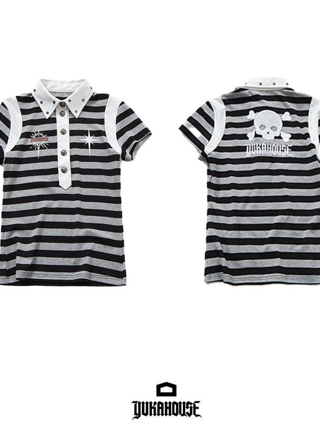 YUKAHOUSE Punk Striped Studded Distressed Skull Women's Cotton Short Sleeve T-shirts