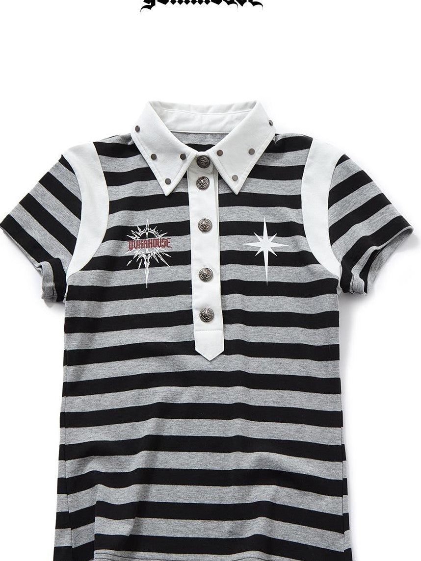 YUKAHOUSE Punk Striped Studded Distressed Skull Women's Cotton Short Sleeve T-shirts