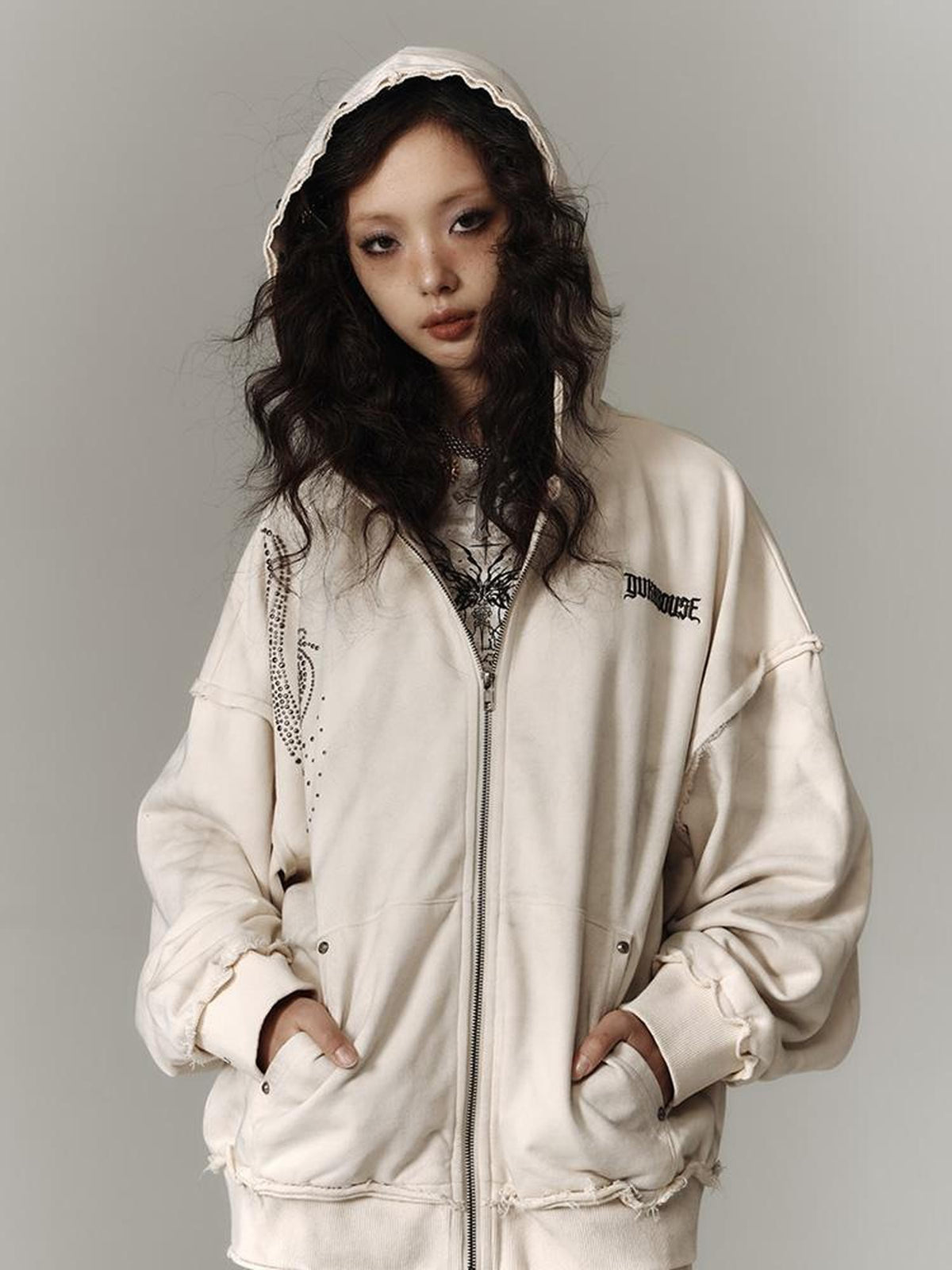 YUKAHOUSE Punk Washed Distressed Zip Letter Print Women's Loose Fit Hoodies