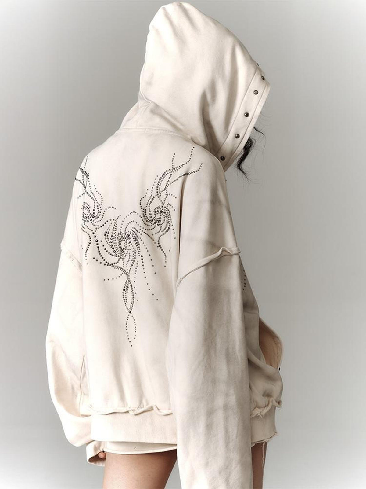 YUKAHOUSE Punk Washed Distressed Zip Letter Print Women's Loose Fit Hoodies